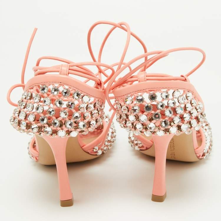 Pre Owned Bottega Veneta Peach Mesh and Leather Crystal Embellished Stretch Ankle Tie Pumps Size 36