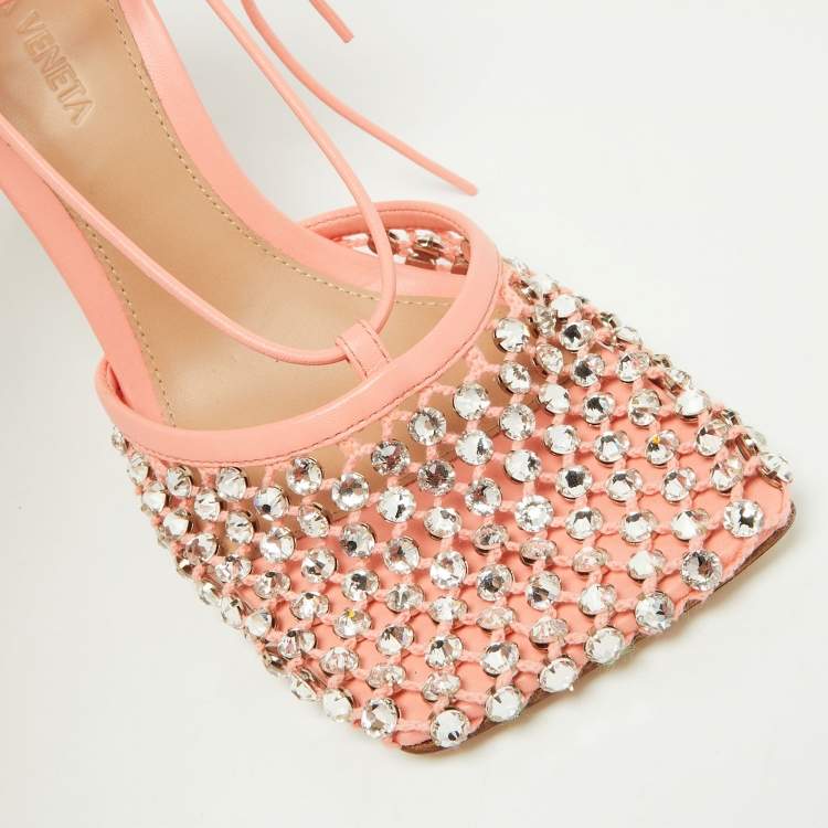 Pre Owned Bottega Veneta Peach Mesh and Leather Crystal Embellished Stretch Ankle Tie Pumps Size 36