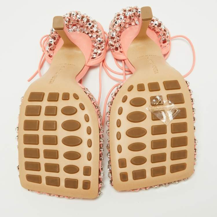 Pre Owned Bottega Veneta Peach Mesh and Leather Crystal Embellished Stretch Ankle Tie Pumps Size 36