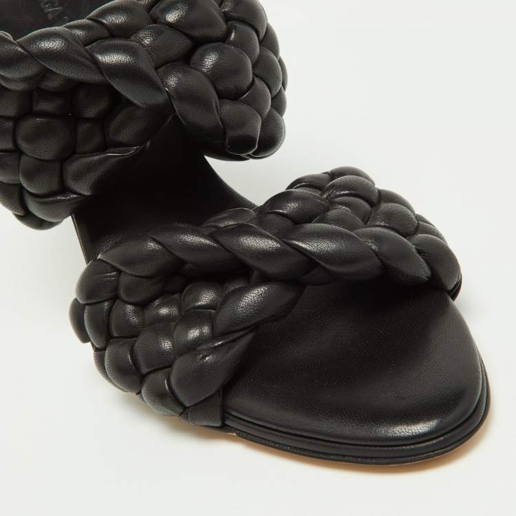 Pre Owned Bottega Veneta Black Braided Leather Slide Sandals Size 38