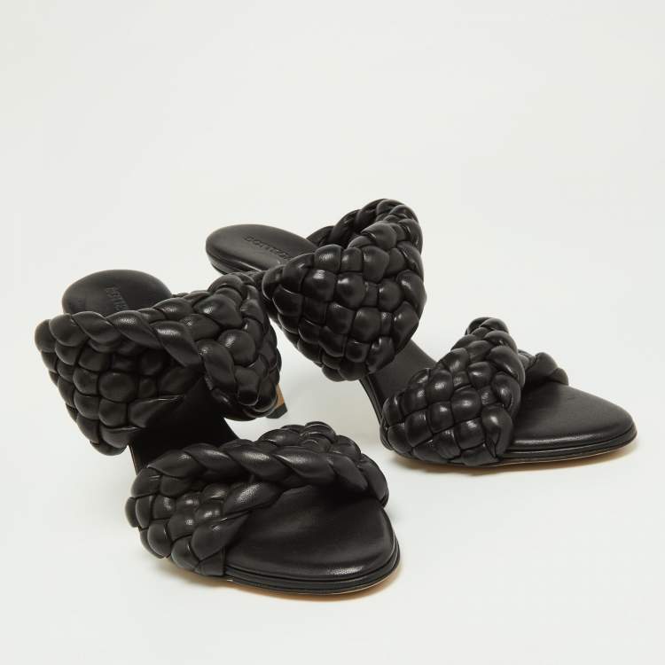Pre Owned Bottega Veneta Black Braided Leather Slide Sandals Size 38