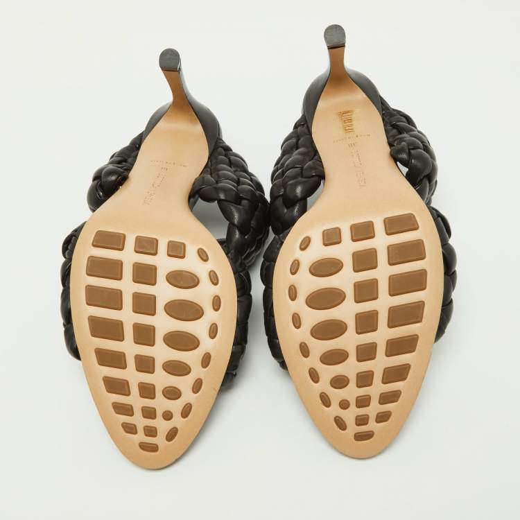 Pre Owned Bottega Veneta Black Braided Leather Slide Sandals Size 38
