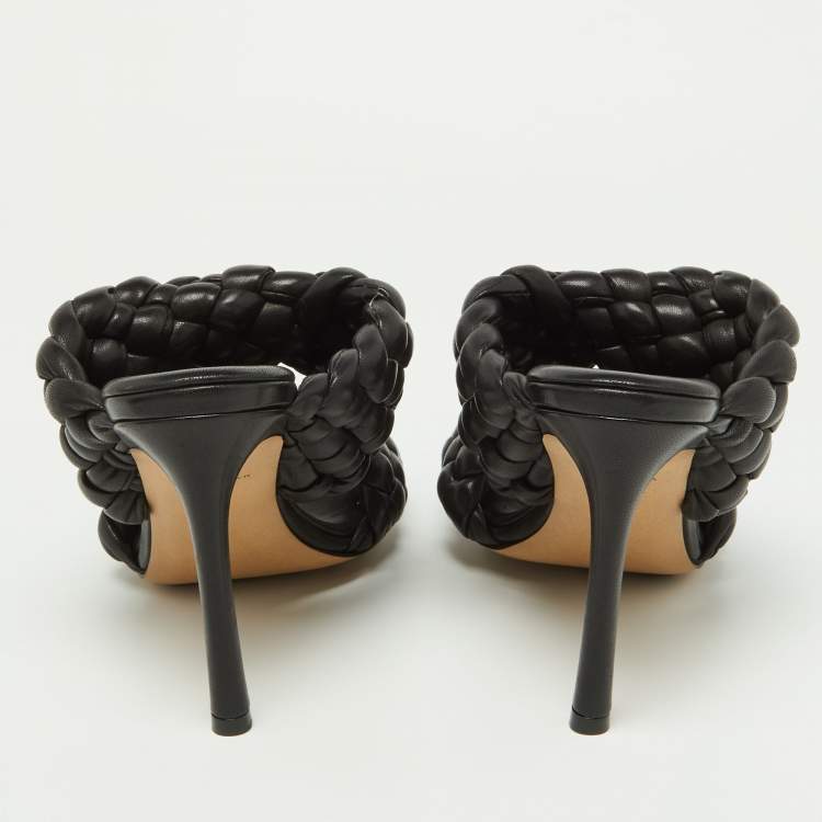 Pre Owned Bottega Veneta Black Braided Leather Slide Sandals Size 38