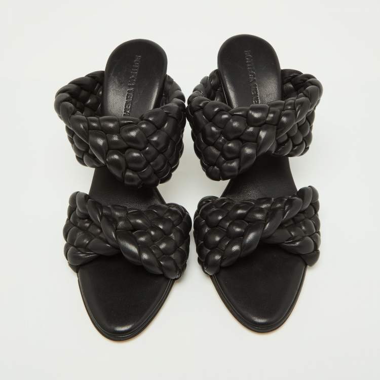 Pre Owned Bottega Veneta Black Braided Leather Slide Sandals Size 38