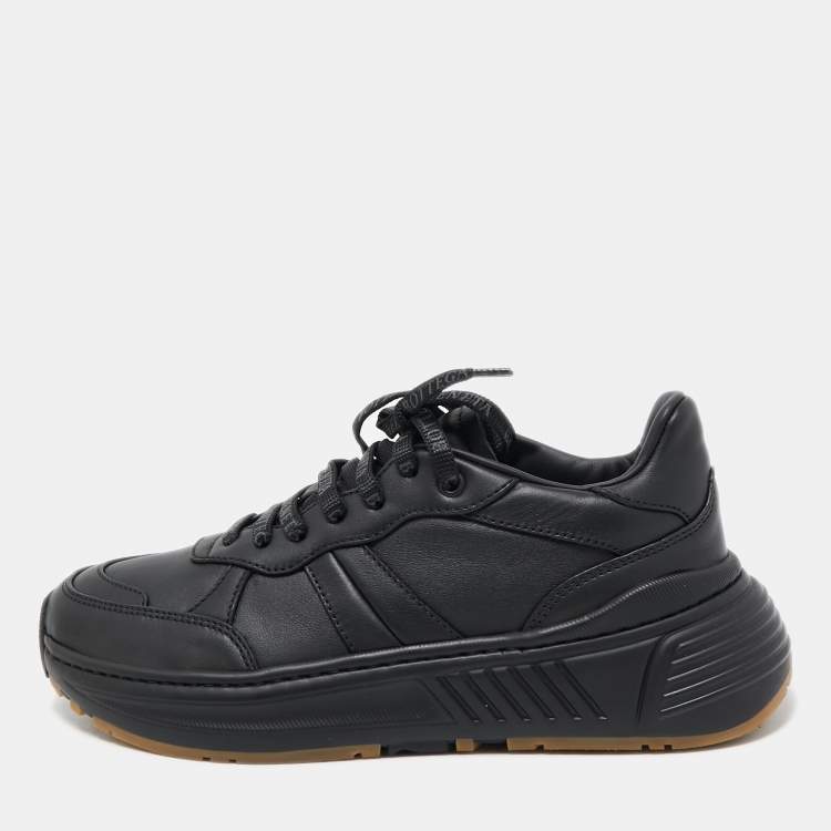 Pre Owned Bottega Veneta Black Leather Low Top Lace Up Sneakers Size 38.5