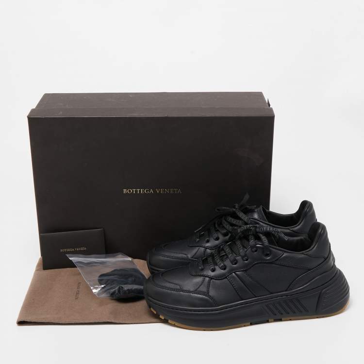 Pre Owned Bottega Veneta Black Leather Low Top Lace Up Sneakers Size 38.5