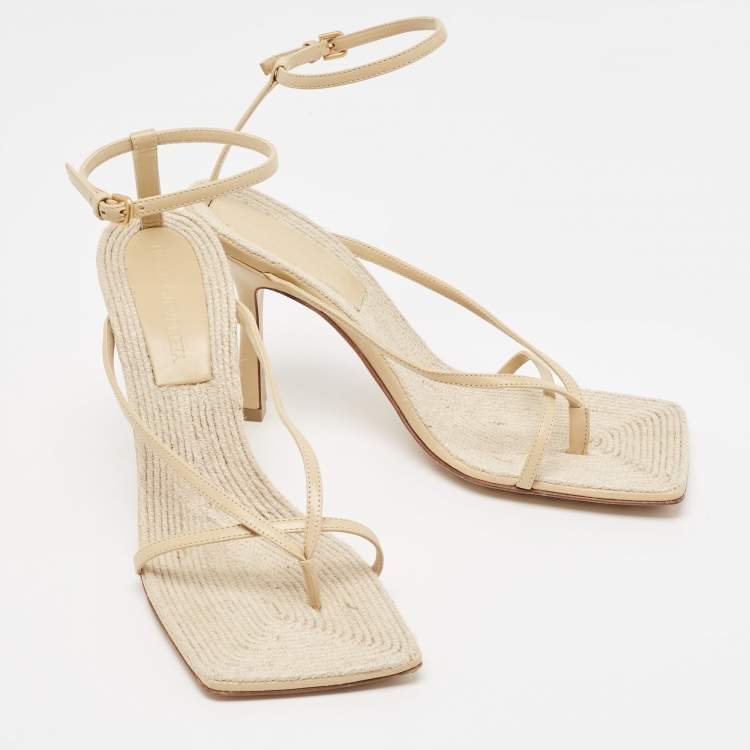 Pre Owned Bottega Veneta Cream Leather Stretch Ankle Strap Sandals Size 37.5