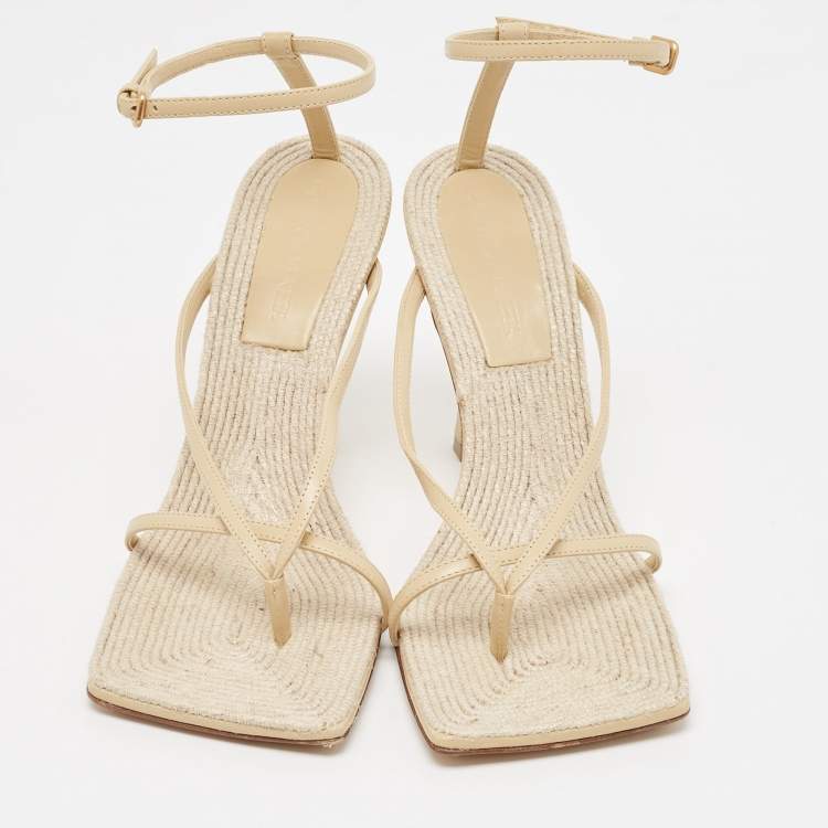 Pre Owned Bottega Veneta Cream Leather Stretch Ankle Strap Sandals Size 37.5