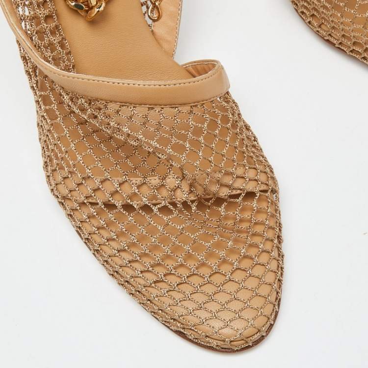 Pre Owned Bottega Veneta Beige Mesh and Leather Chunky Chain Ankle Strap Pumps Size 41