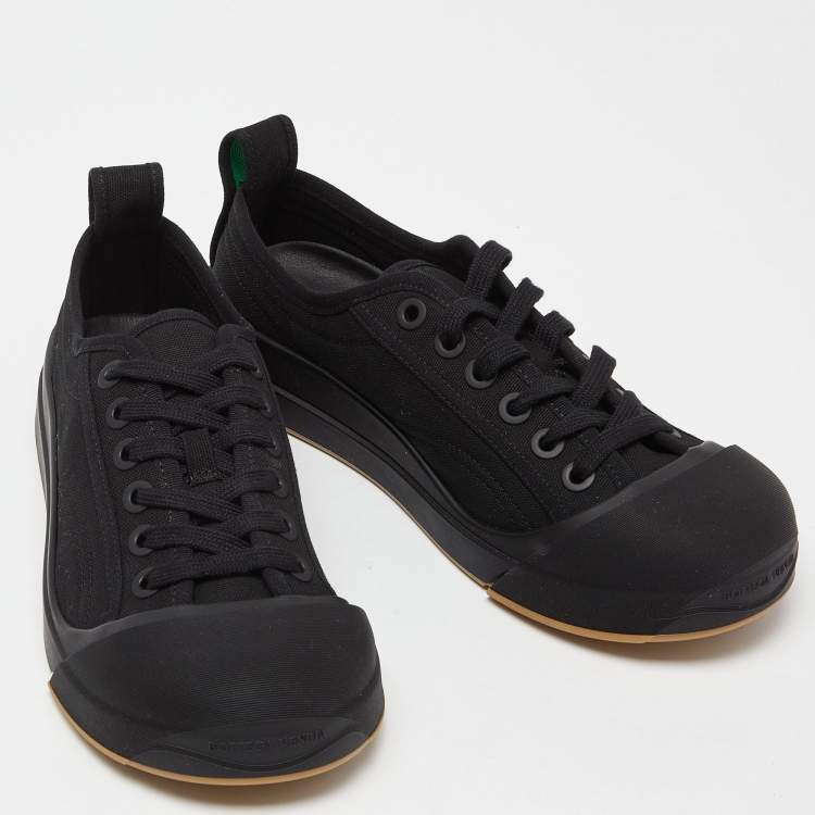 Pre Owned Bottega Veneta Black Canvas and Leather Vulcan Low Top Sneakers Size 38.5