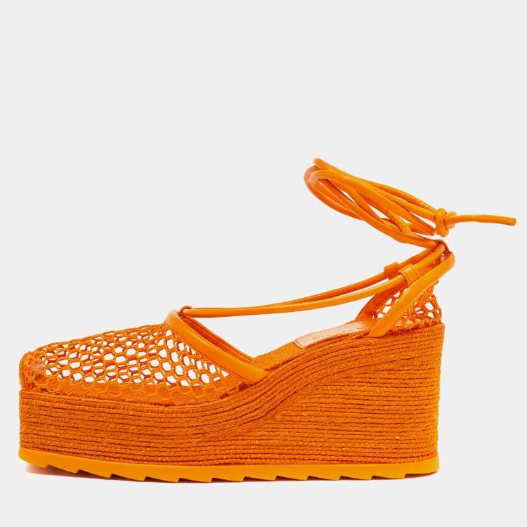 Pre Owned Bottega Veneta Orange Mesh and Leather Lace-Up Wedge Platform Espadrilles Ankle Tie Sandals Size 38