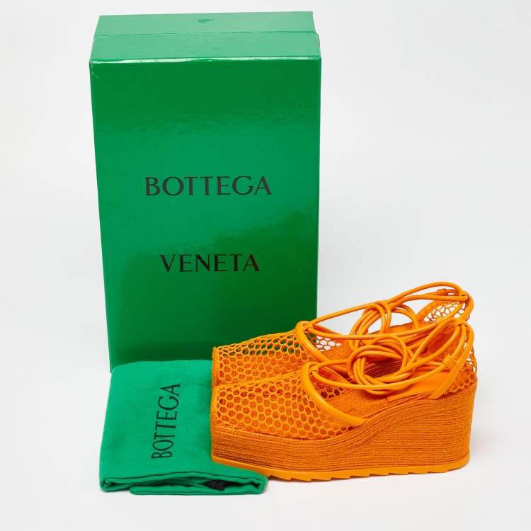 Pre Owned Bottega Veneta Orange Mesh and Leather Lace-Up Wedge Platform Espadrilles Ankle Tie Sandals Size 38