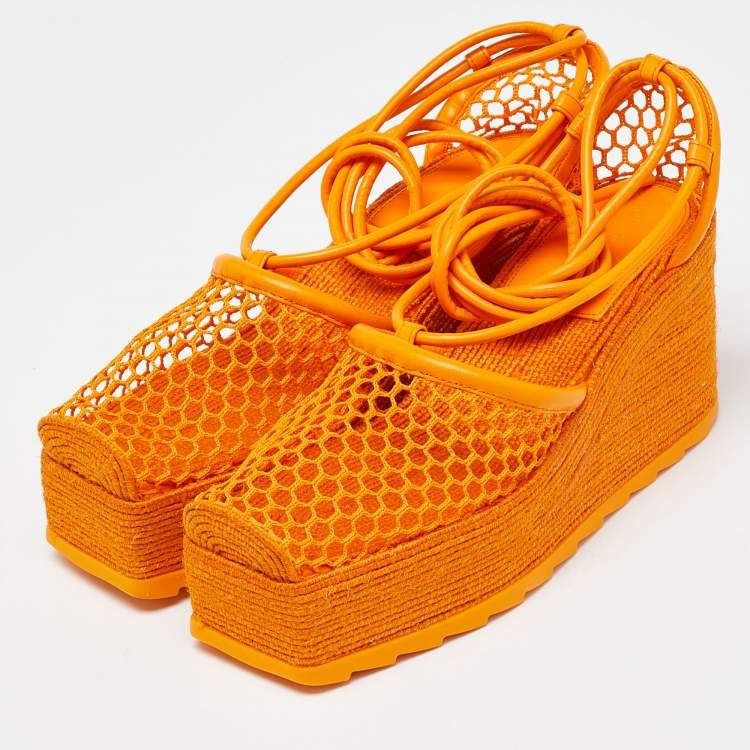 Pre Owned Bottega Veneta Orange Mesh and Leather Lace-Up Wedge Platform Espadrilles Ankle Tie Sandals Size 38