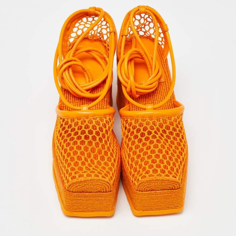 Pre Owned Bottega Veneta Orange Mesh and Leather Lace-Up Wedge Platform Espadrilles Ankle Tie Sandals Size 38