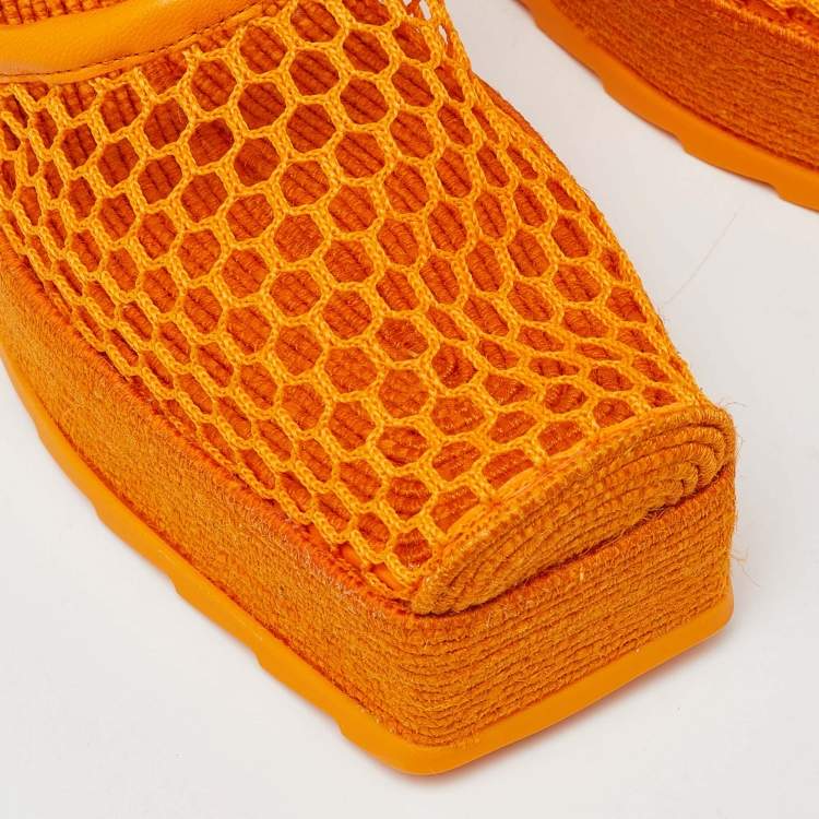 Pre Owned Bottega Veneta Orange Mesh and Leather Lace-Up Wedge Platform Espadrilles Ankle Tie Sandals Size 38