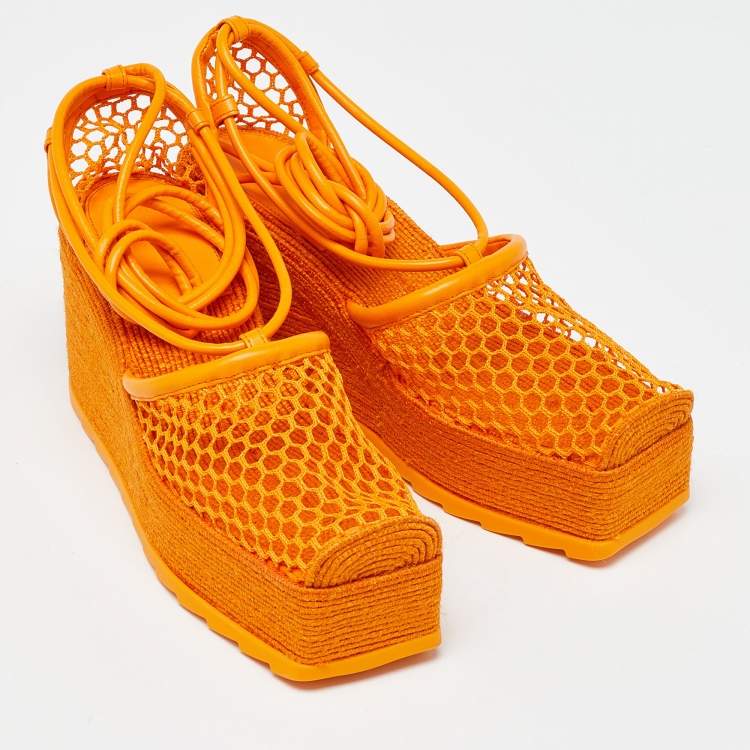 Pre Owned Bottega Veneta Orange Mesh and Leather Lace-Up Wedge Platform Espadrilles Ankle Tie Sandals Size 38