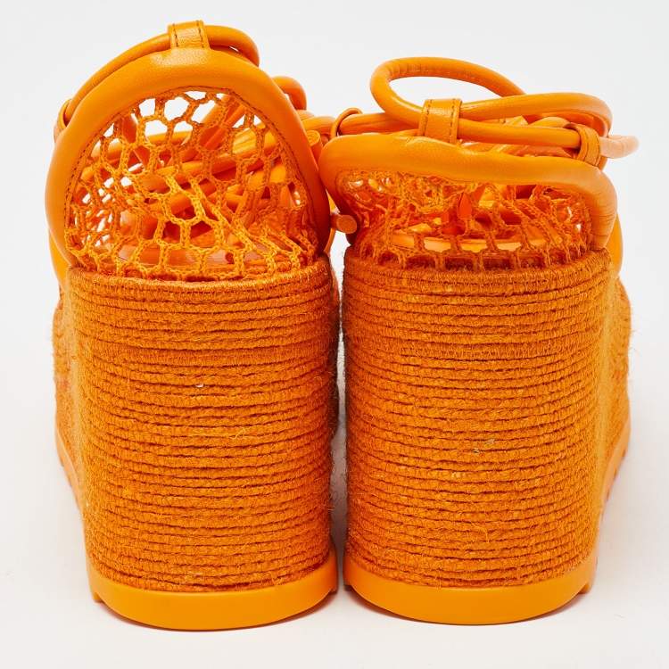 Pre Owned Bottega Veneta Orange Mesh and Leather Lace-Up Wedge Platform Espadrilles Ankle Tie Sandals Size 38