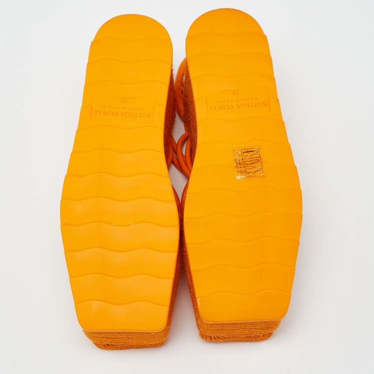 Pre Owned Bottega Veneta Orange Mesh and Leather Lace-Up Wedge Platform Espadrilles Ankle Tie Sandals Size 38