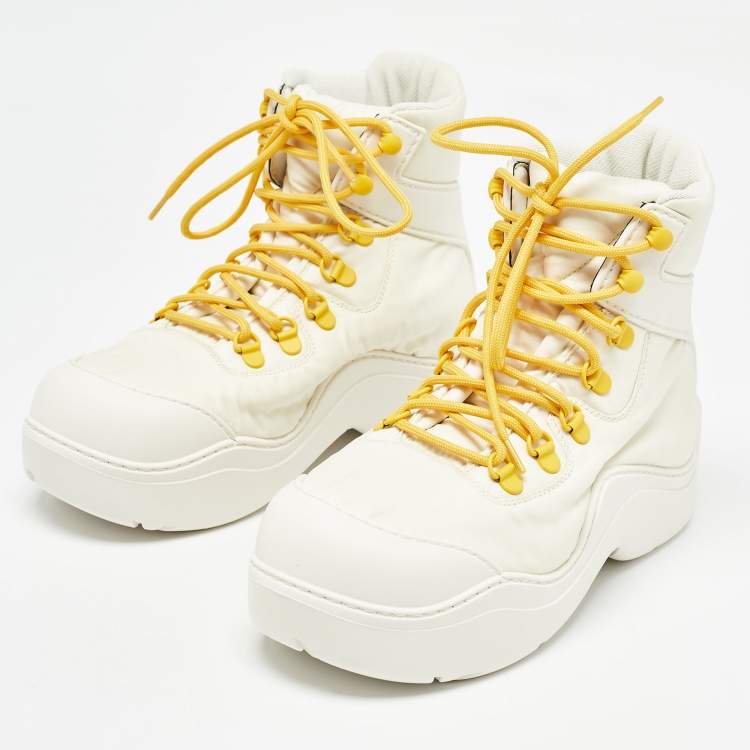 Pre Owned Bottega Veneta Cream Leather and Nylon High Top Sneakers Size 36