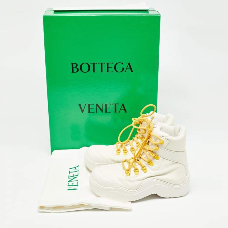 Pre Owned Bottega Veneta Cream Leather and Nylon High Top Sneakers Size 36