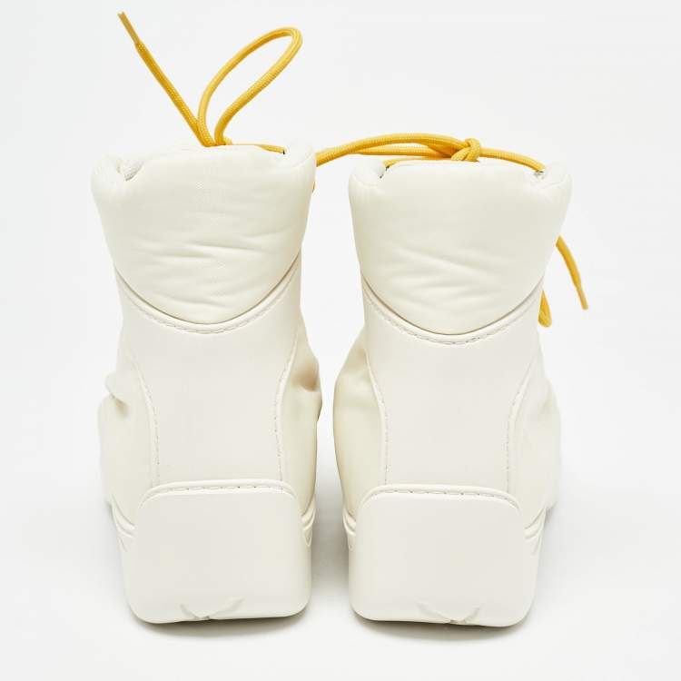 Pre Owned Bottega Veneta Cream Leather and Nylon High Top Sneakers Size 36