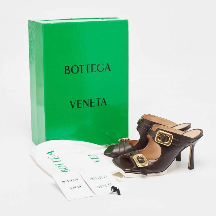 Pre Owned Bottega Veneta Brown Leather Stretch Buckle Slide Sandals Size 36