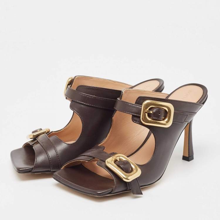 Pre Owned Bottega Veneta Brown Leather Stretch Buckle Slide Sandals Size 36
