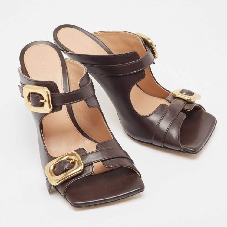 Pre Owned Bottega Veneta Brown Leather Stretch Buckle Slide Sandals Size 36