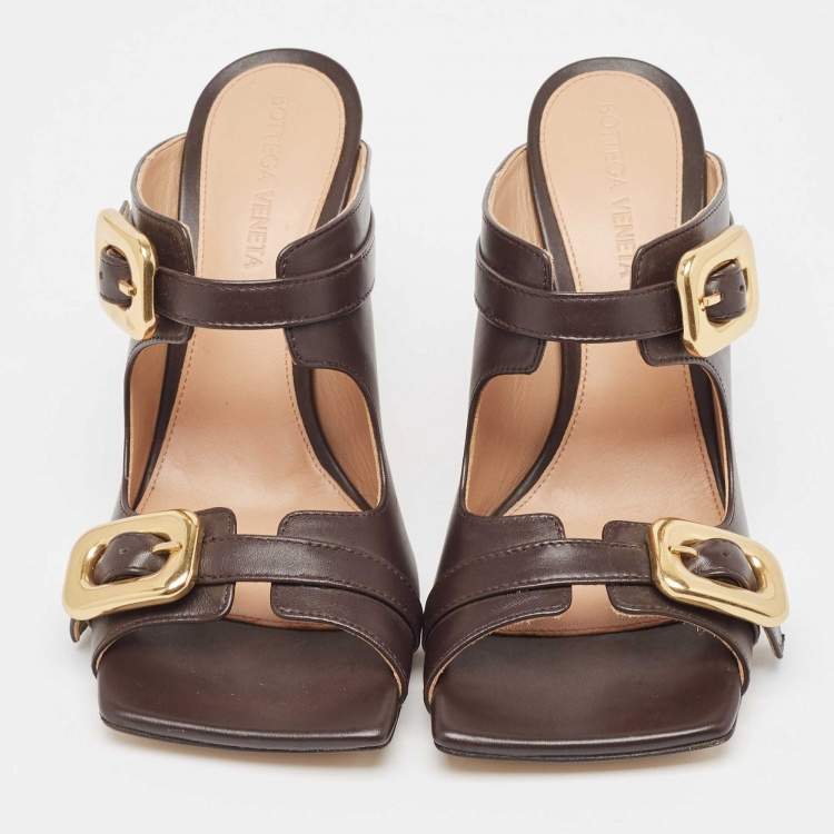 Pre Owned Bottega Veneta Brown Leather Stretch Buckle Slide Sandals Size 36