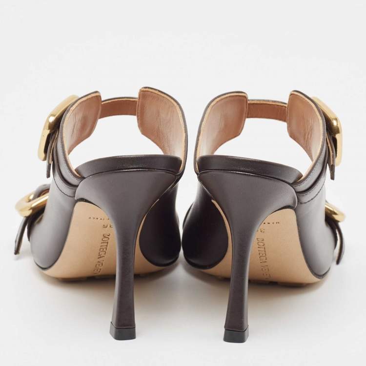 Pre Owned Bottega Veneta Brown Leather Stretch Buckle Slide Sandals Size 36