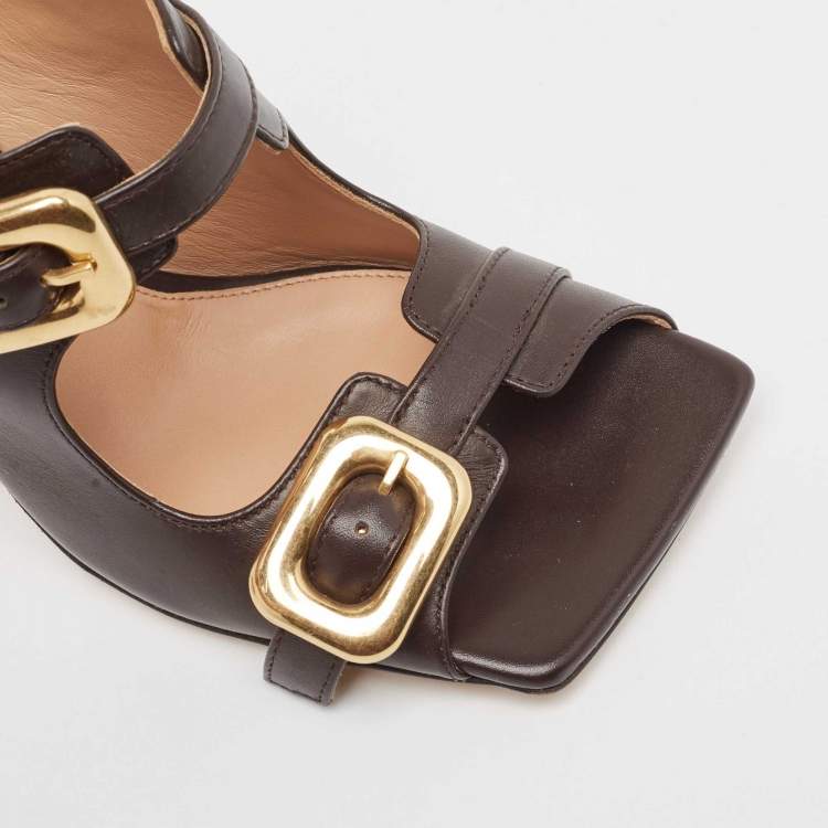 Pre Owned Bottega Veneta Brown Leather Stretch Buckle Slide Sandals Size 36