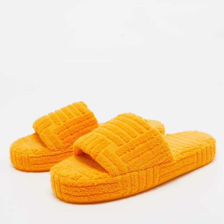 Pre Owned Bottega Veneta Orange Cotton Fabric Resort Sponge Platform Slides Size 40