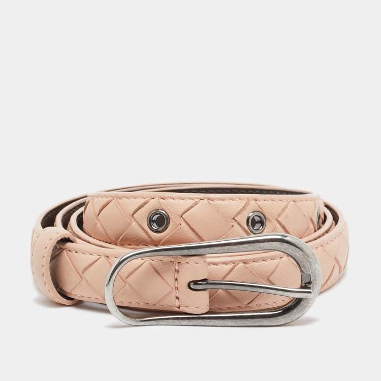 Pre Owned Bottega Veneta Peach Intrecciato Leather Slim Buckle Belt 85 CM