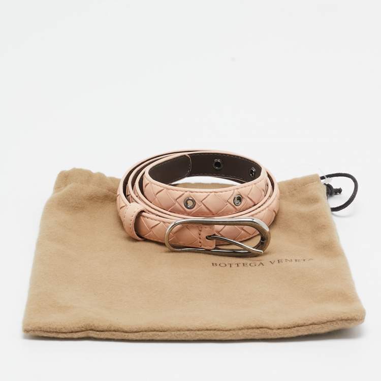 Pre Owned Bottega Veneta Peach Intrecciato Leather Slim Buckle Belt 85 CM