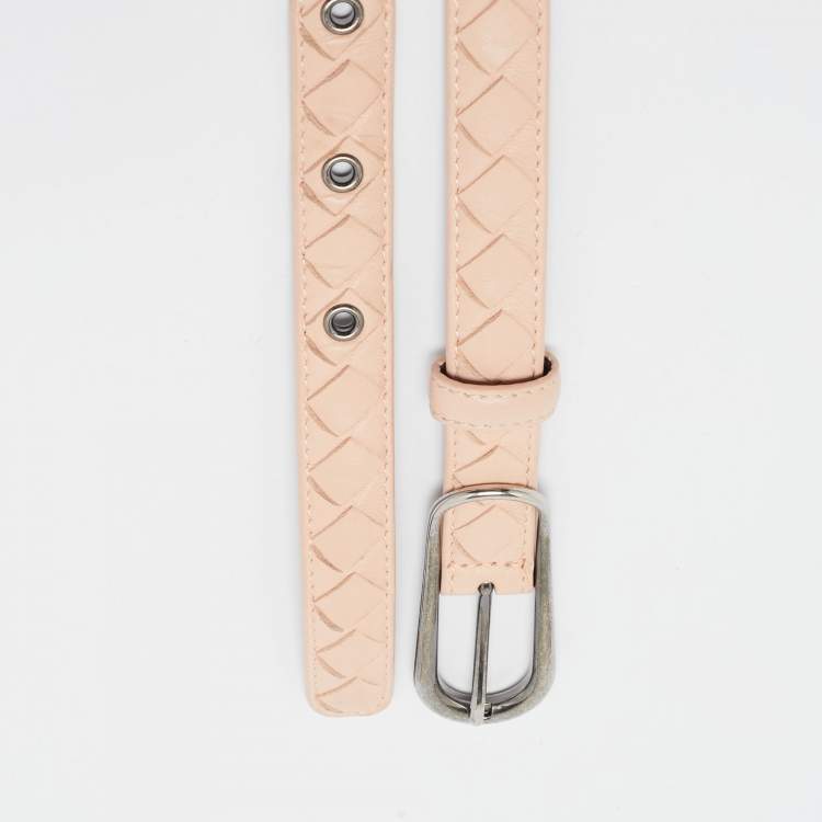 Pre Owned Bottega Veneta Peach Intrecciato Leather Slim Buckle Belt 85 CM