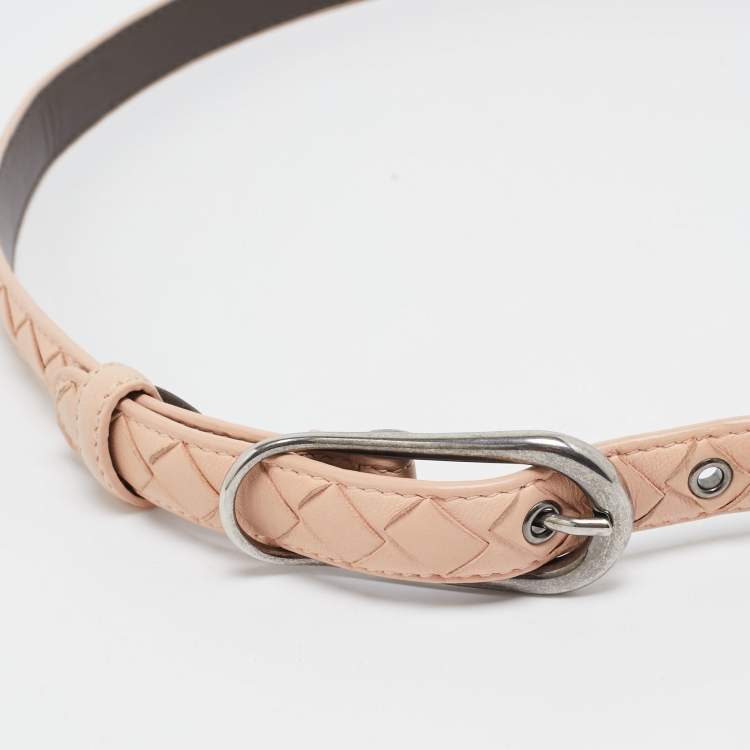 Pre Owned Bottega Veneta Peach Intrecciato Leather Slim Buckle Belt 85 CM