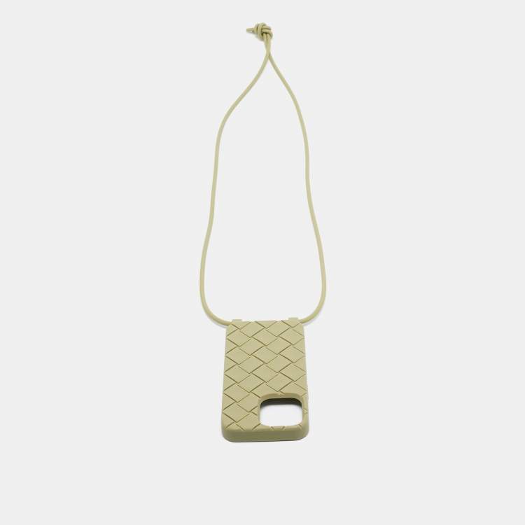 Pre Owned Bottega Veneta Light Green Intrecciato Silicone Rubber iPhone 14 Case On Strap