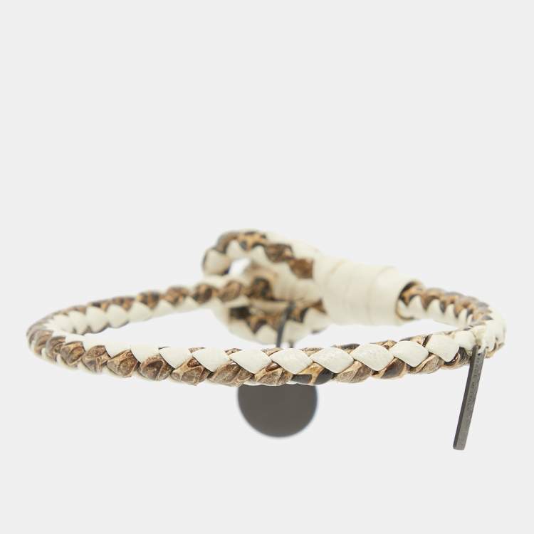 Pre Owned Bottega Veneta Intercciato Leather Snakeskin Leather Gunmetal Tone Bracelet M