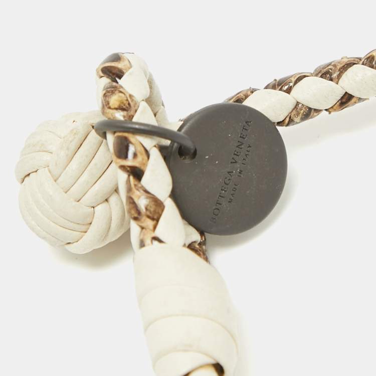 Pre Owned Bottega Veneta Intercciato Leather Snakeskin Leather Gunmetal Tone Bracelet M