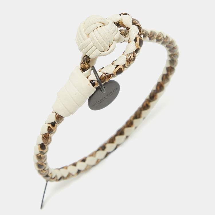 Pre Owned Bottega Veneta Intercciato Leather Snakeskin Leather Gunmetal Tone Bracelet M