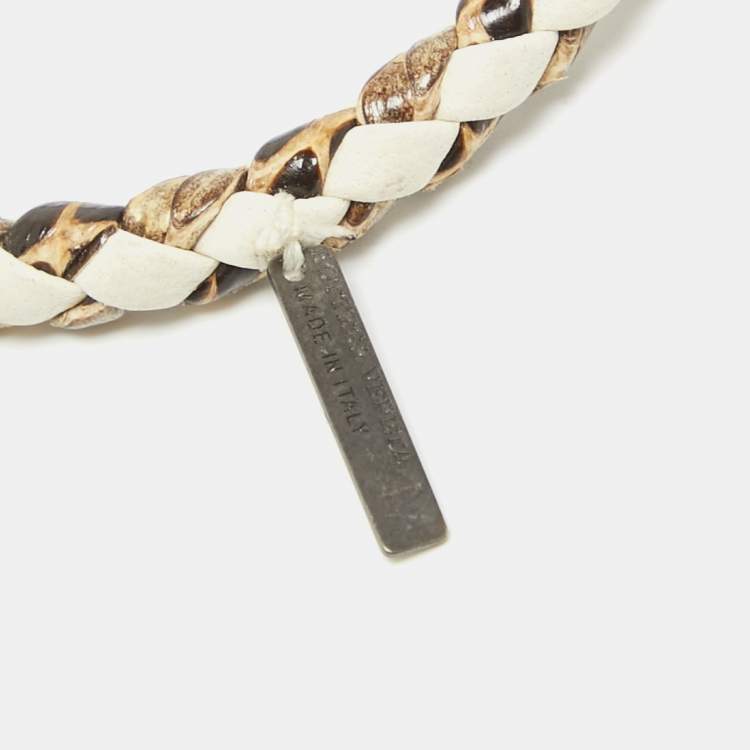 Pre Owned Bottega Veneta Intercciato Leather Snakeskin Leather Gunmetal Tone Bracelet M