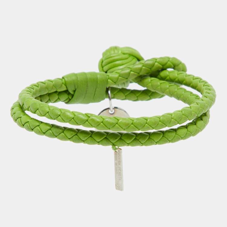 Pre Owned Bottega Veneta Green Intrecciato Leather Double Knot Bracelet M