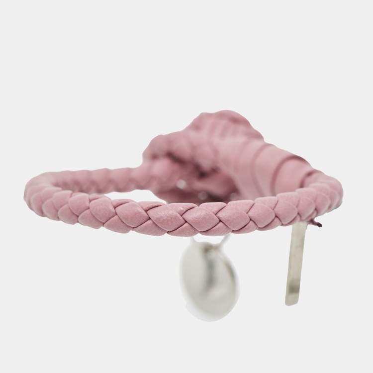 Pre Owned Bottega Veneta Intrecciato Leather Silver Tone Bracelet S