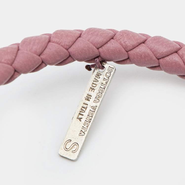 Pre Owned Bottega Veneta Intrecciato Leather Silver Tone Bracelet S
