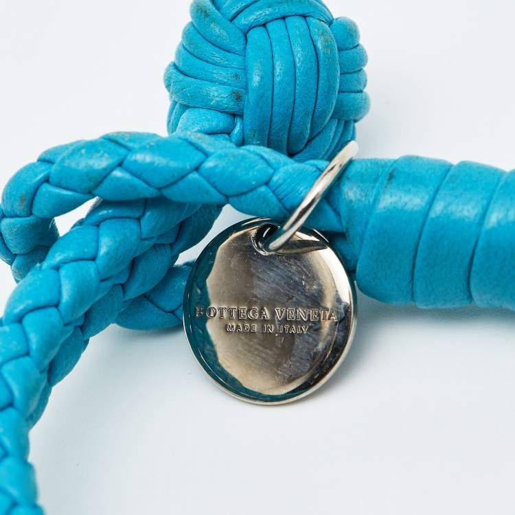 Pre Owned Bottega Veneta Blue Intrecciato Leather Double Knot Bracelet 