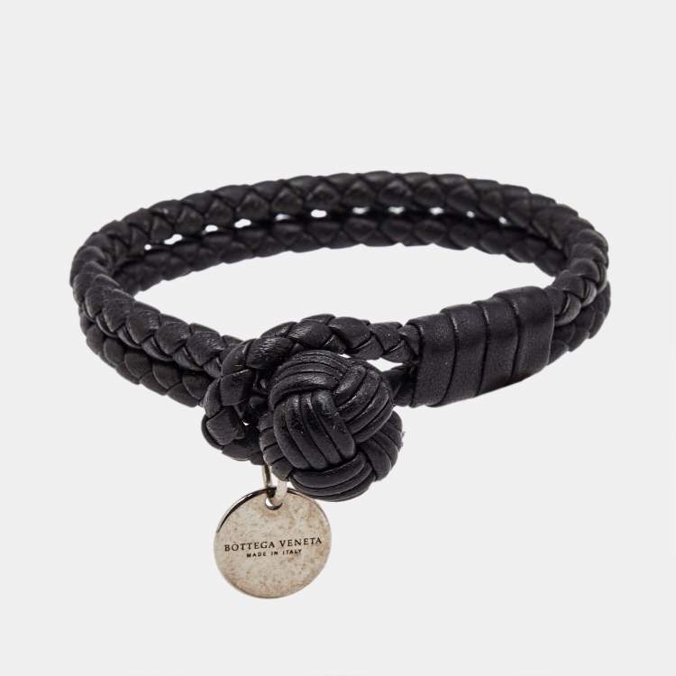 Pre Owned Bottega Veneta Black Intrecciato Leather Silver Tone Knot Bracelet