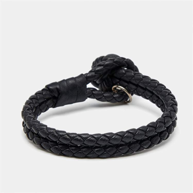 Pre Owned Bottega Veneta Black Intrecciato Leather Silver Tone Knot Bracelet