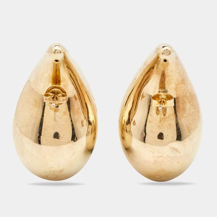 Pre Owned Bottega Veneta Large Drop Shape Gold Finish Sterling Silver Stud Earrings