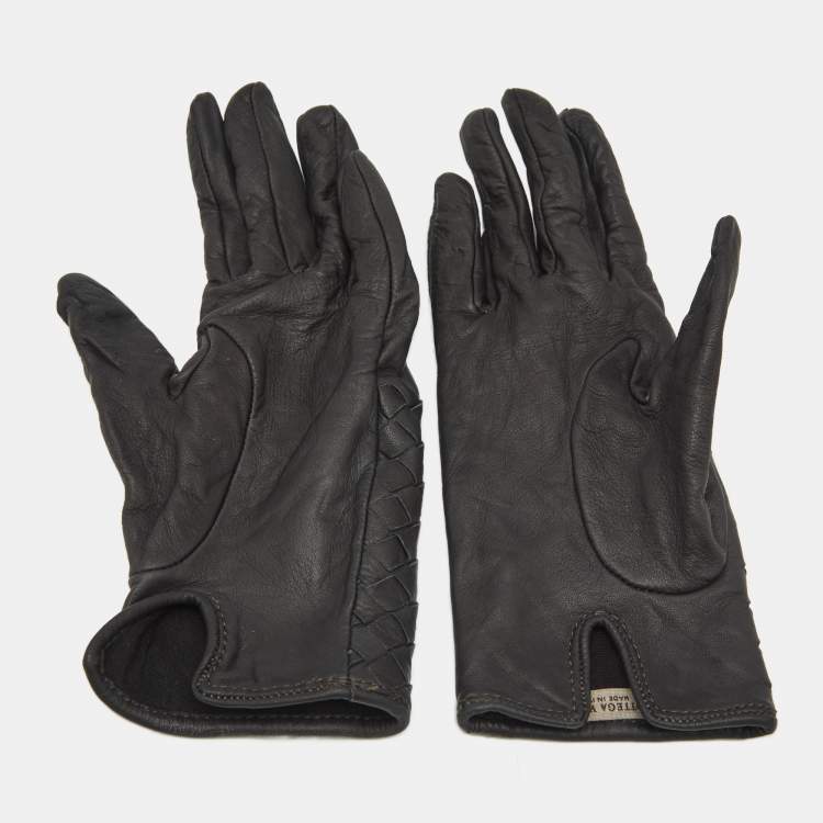 Pre Owned Bottega Veneta Black Intrecciato Leather Gloves Size 60
