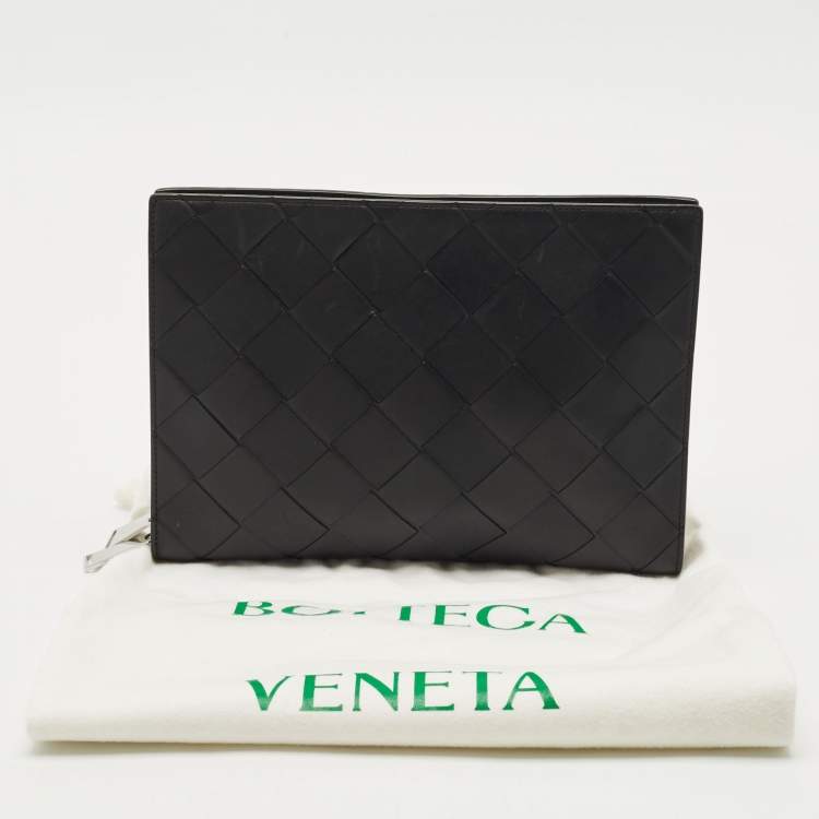 Pre Owned Bottega Veneta Black Intrecciato Leather Zip Document Case